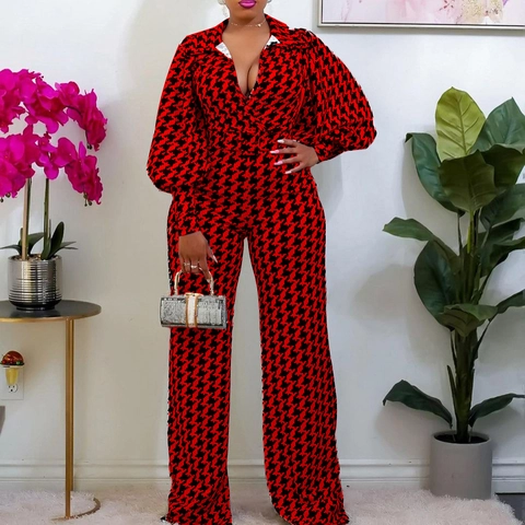 Dames Elegante Jumpsuit Met Hahnentritt-Patroon V-hals Pofmouwen Wijde Pijpen Lange Broek Met Riem Casual Kantoor Romper