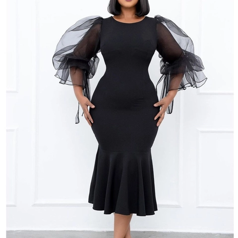Damen Elegant Netz Patchwork Laternenärmel Meerjungfrau Kleid Körperbetont Mittellang Rundhals Slim Fit Abendparty Kleid