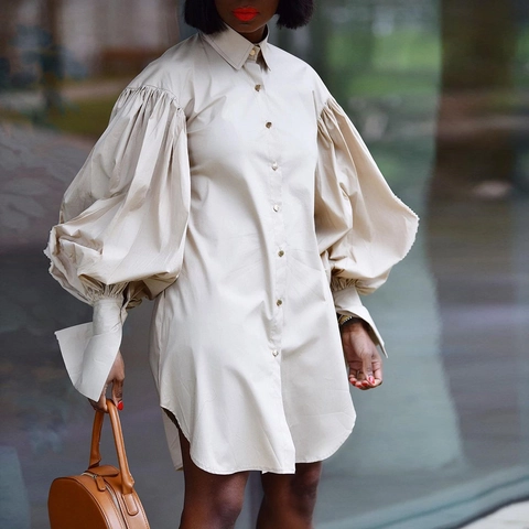 Women's Oversized Balloon Sleeve Shirt Dress Button Down Casual Loose Mini Dress Solid Color Long Sleeve Lapel Fashion Top