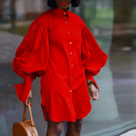 Damen Oversized Hemdkleid Langarm Laternenärmel Einreihig Reverskragen Mini A-Linie Kleid Einfarbig Lässiges Büro-Top