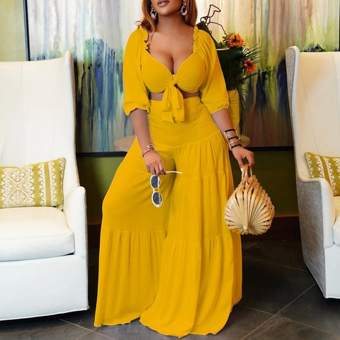 Women Vacation Two Piece Set V Neck Tie Front Crop Top And High Waist Tiered Smocked Wide Leg Pants Casual Summer Suit