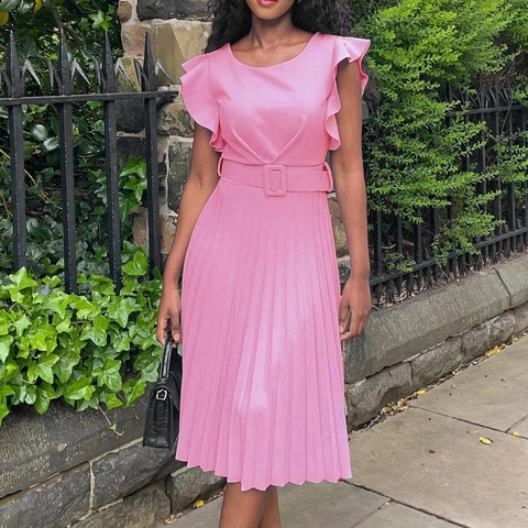 Elegant Women Lotus Leaf Sleeve Pleated Midi Dress With Belt Round Neck Ruffle A-Line Polyester Dress For Summer Party Commute