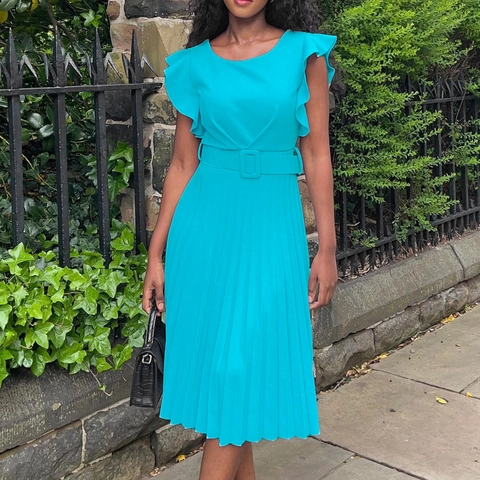 Elegant Women Lotus Leaf Sleeve Pleated Midi Dress With Belt Round Neck Ruffle A-Line Polyester Dress For Summer Party Commute