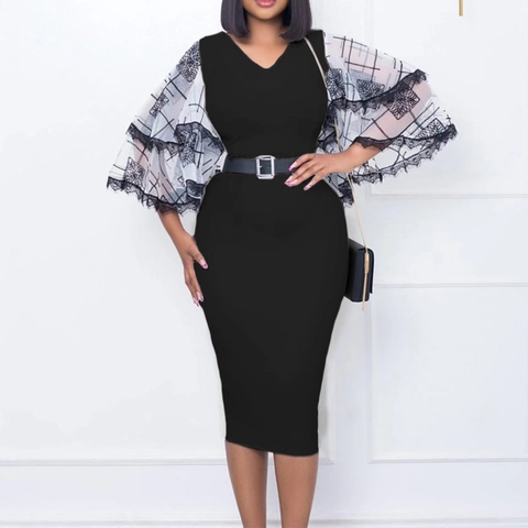 Vestido Elegante con Cuello en V para Mujer con Mangas Acampanadas de Encaje Patchwork Vestido de Lápiz Midi Ajustado con Cinturón Estilo Urbano