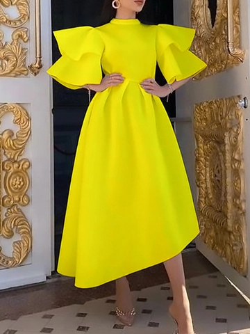Elegant Women Polyester Solid Color Mock Neck Double Ruffle Sleeve Asymmetrical Large Swing Dress Formal Evening Party Dress