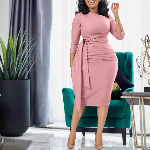 Damen Elegant Gerüscht Bodycon Midi Kleid Asymmetrischer Hals Dreiviertelarm Einfarbig Gerüscht Bindegürtel Büro OL Kleid