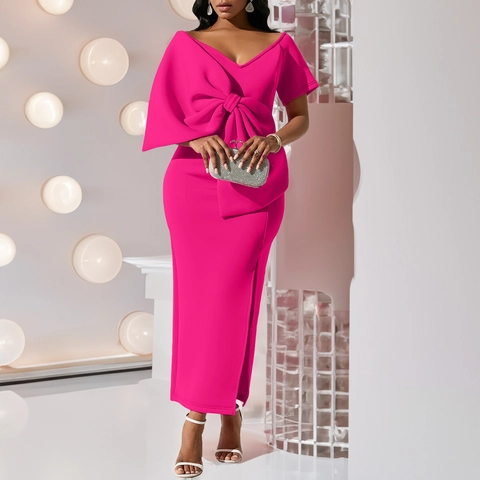 Damen Elegant Huge Bow Front Slit Bodycon Kleid Sexy V-Ausschnitt Off Shoulder Party Abend Bankett Polyester Spandex Midi Kleid