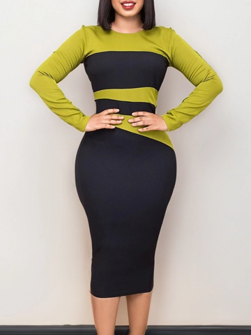 Donna Elegante Blocco di Colore Bodycon Midi Abito Girocollo Manica Lunga Giuntato Matita Abito per Ufficio Affari Pendolarismo Moda Taglie Forti