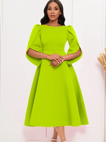 Elegant Women Solid Color Midi Dress Elegant Temperament Round Neck Split Bell Sleeve A-Line Banquet Evening Gown Polyester Dress