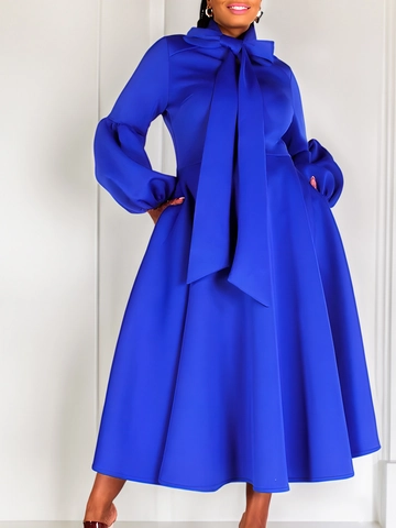 Elegant Solid Color Puff Sleeve Dress For Women High Waist Bow Tie Banquet Midi Dress With Large Swing Hem Polyester Apparel