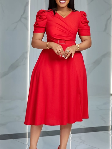 Women Elegant V Neck Puff Sleeve Midi Dress With Belt Solid Color A Line Pleated Office Party Wedding Guest Dress