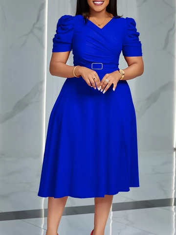 Women Elegant V Neck Puff Sleeve Midi Dress With Belt Solid Color A Line Pleated Office Party Wedding Guest Dress