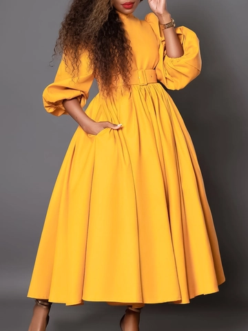 Women Elegant Mock Neck Long Sleeve Maxi Dress High Waist A-Line Belted Dress With Pockets Lantern Sleeve Office Party Robe