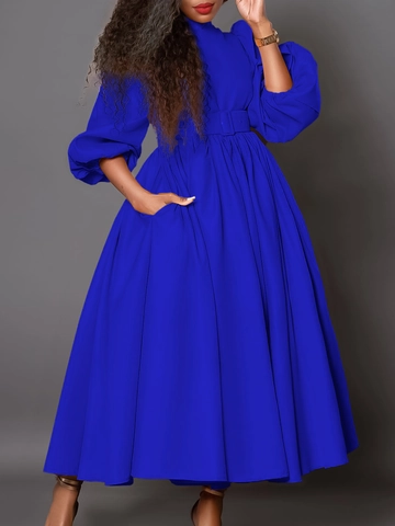 Women Elegant Mock Neck Long Sleeve Maxi Dress High Waist A-Line Belted Dress With Pockets Lantern Sleeve Office Party Robe