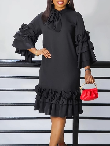 Women Elegant Polyester Spandex Ruffle Flared Sleeve Dress Bow Knot Neckline Solid Color Midi Dress Party Casual Apparel