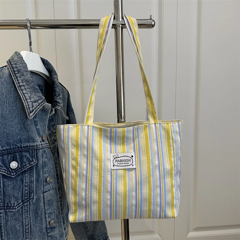 Contrast Stripe Canvas Tote Bag Large Capacity Commuter Shoulder Bag For Women Students Fashion Striped Top Handle Bag