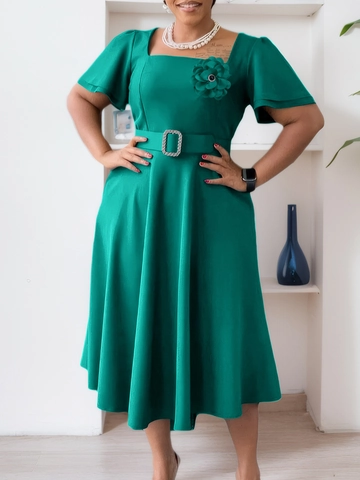 Elegant Women Square Neck Solid Color High Waist Maxi Dress With Belt And 3D Flower Ruffle Sleeve A-Line Polyester Dress