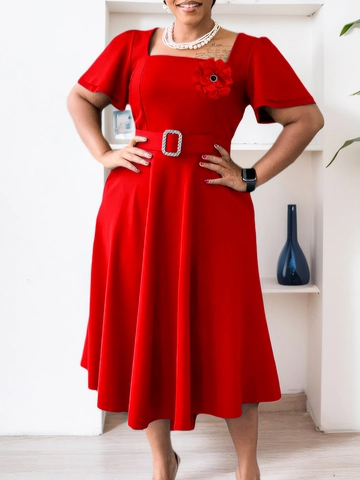 Elegant Women Square Neck Solid Color High Waist Maxi Dress With Belt And 3D Flower Ruffle Sleeve A-Line Polyester Dress