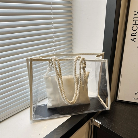 Clear PVC Tote Bag With Inner Pouch And Cotton Rope Handles Transparent Large Capacity Shoulder Handbag