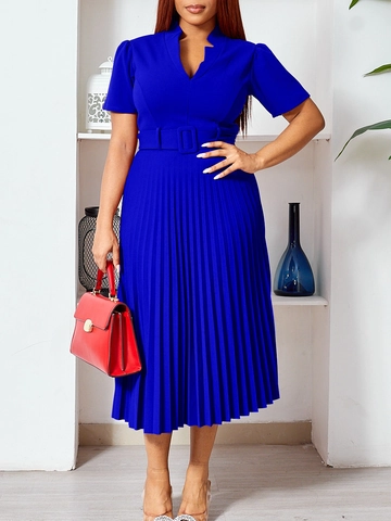 Women Elegant V-Neck Pleated Short Sleeve Midi Dress With Belt Commuter A-Line Polyester Solid Color Fashion Lady Dress