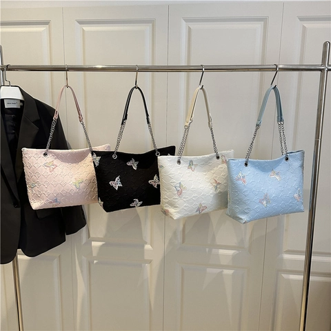 Women Fashion Butterfly Embroidered Tote Bag Quilted Rhombic Texture Shoulder Bag Large Capacity Daily Shopper Purse