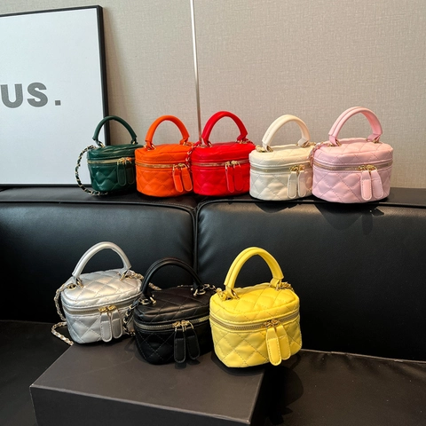 Dames Mini Gewatteerde Emmer Tas PU Leer Ruit Ketting Riem Handtas Dubbele Rits Kleine Vanity Crossbody Tas Sieradendoosje