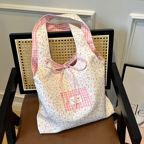 Dames Grote Capaciteit Bloemen Gingham Canvas Tote Bag Omkeerbaar Fris Mori Stijl Stiksel Enkele Schoudertas Boodschappentas