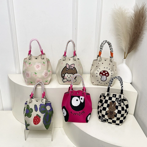 Women Knitted Bucket Handbag Cute Crochet Small Tote Bag Cartoon Strawberry Mushroom Pattern Street Style Casual