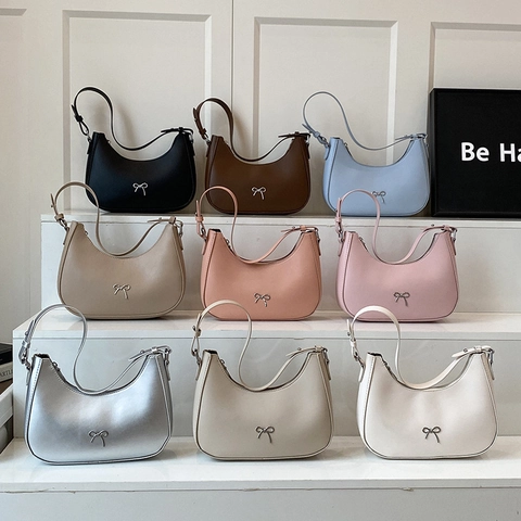 Women Fashion PU Leather Crescent Hobo Underarm Bag With Metal Bow Decoration Adjustable Strap Casual Small Shoulder Bag