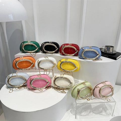 Women Fashion Glossy Patent Leather Pillow Bag With Metal C-Handle Chain Strap Crossbody Shoulder Bag Small Designer Handbag