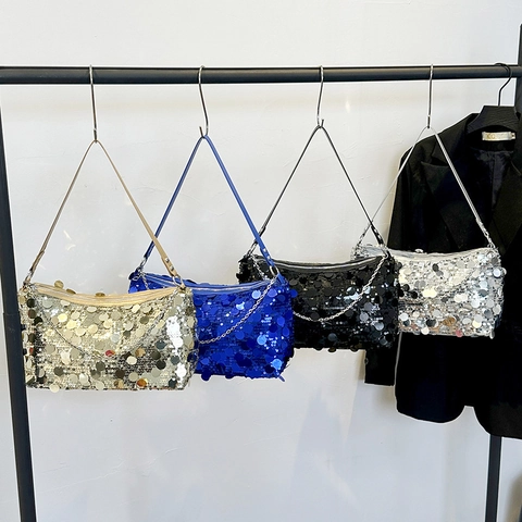 Large Sequin Shoulder Bag Shiny Underarm Bag With Metal Chain Decoration Party Fashion Tote For Women