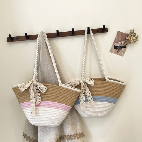 Woven Tote Bag Women Cotton Rope Color Block Large Capacity Summer Beach Vacation Lace Bow Decor Casual Shoulder Purse