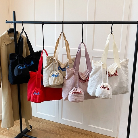 Bolso Tote De Lona De Gran Capacidad Y Mini Bolsa Con Cordón Bordado De Letras De Playa Bolso De Hombro Casual Mujeres