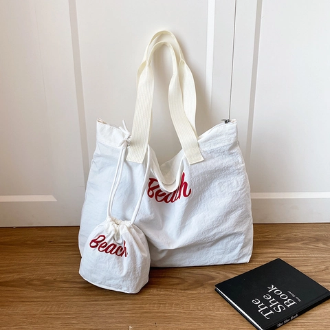 Bolso Tote De Lona De Gran Capacidad Y Mini Bolsa Con Cordón Bordado De Letras De Playa Bolso De Hombro Casual Mujeres