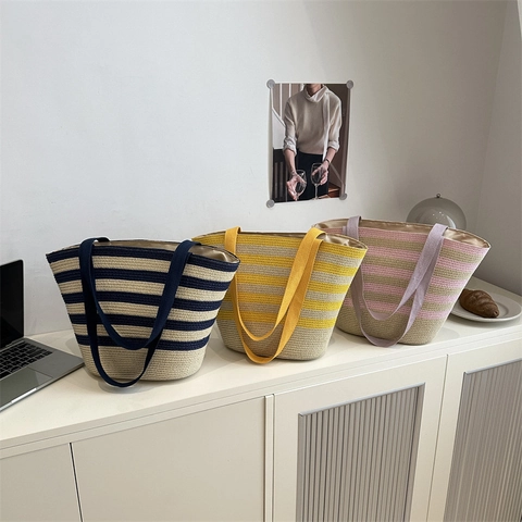 Sac Fourre-Tout Tissé À Rayures En Paille Grande Capacité Sac À Épaule Femmes Décontracté Plage Été Mode Polyvalent