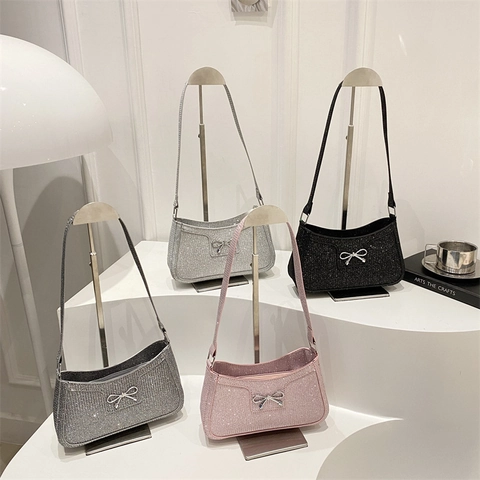 Bolso de Axila de Moda para Mujer con Lazo Bolso de Hombro Baguette con Lentejuelas Brillantes Bolso de Mano de Cuero PU para Viaje Diario