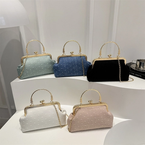 Vintage Dames Handtas Retro Kus Sluiting Tas Getextureerde Stof Met Goud Metalen Handvat En Kettingriem Avondfeest Elegantie