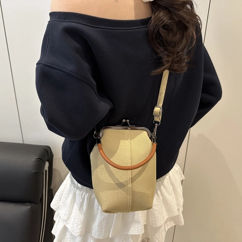 Vintage Kiss Lock Crossbody Bag Women Canvas Denim Handbag Retro Metal Frame Clasp Top Handle Small Square Satchel