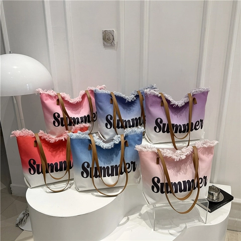 Summer Letter Print Canvas Tote Bag Ombre Gradient Large Capacity Travel Beach Shoulder Bag With Frayed Fringed Edges