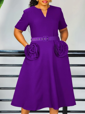 Women Elegant V-Neck Short Sleeve Midi Dress With 3D Rose Flower Decoration And Belt Plus Size A-Line Office Lady Dress