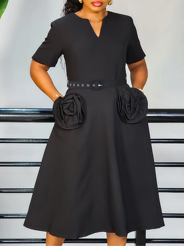 Women Elegant V-Neck Short Sleeve Midi Dress With 3D Rose Flower Decoration And Belt Plus Size A-Line Office Lady Dress