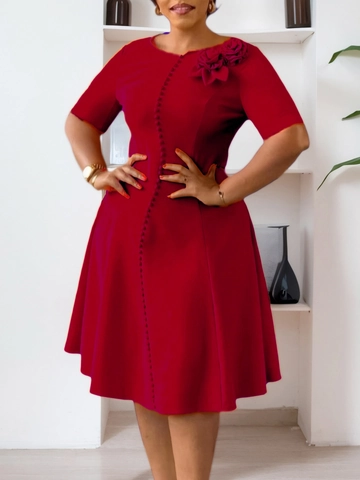 Women Elegant Stereoscopic Flower A-Line Midi Dress Round Neck Short Sleeve Solid Color Decorative Button Work Party Dress