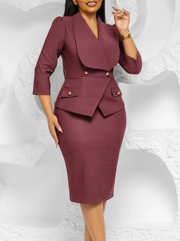 Damen Professionelles Bodycon Kleid Großes Revers Slim Business Midi Kleid Goldene Knöpfe Dreiviertelarm Büro Elegante Party Wear