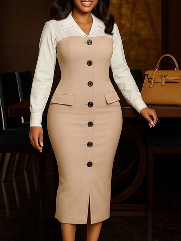 Damen Professional Kontrast Patchwork Midi Kleid Langarm Anzugkragen Slim Fit Büro Business Bleistiftkleid Elegantes Outfit