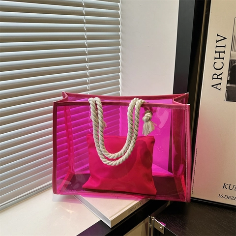 Transparent Tote Bag PVC Waterproof Summer Beach Handbag With Cotton Rope Handles And Removable Inner Pouch For Women