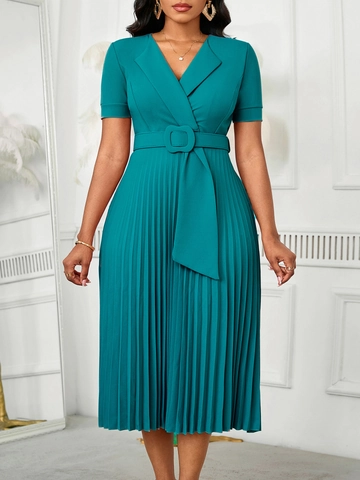 Women Elegant V-Neck Short Sleeve Pleated Midi Dress High Waist Solid Color Dress With Belt Casual Summer Clothing