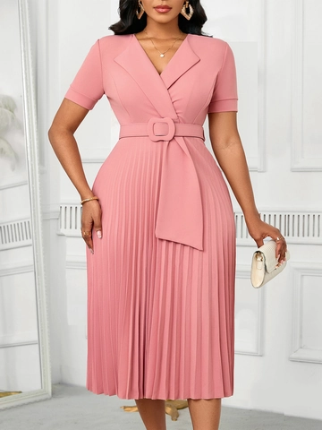 Women Elegant V-Neck Short Sleeve Pleated Midi Dress High Waist Solid Color Dress With Belt Casual Summer Clothing