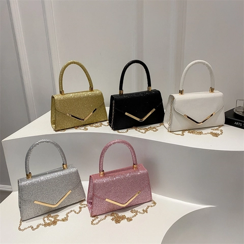 Damen Glitzer Handtasche Mit V-Metall Dekor Elegante Kette Schulter Umhängetasche Für Party Hochzeit Abend Clutch