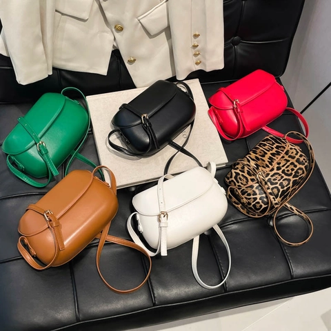 Vintage Women PU Leather Saddle Bag Minimalist Crossbody Small Shoulder Bag Retro Shell Bag Fashion Solid Leopard Print Handbag