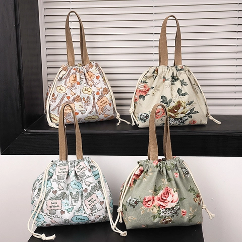Sac à Main en Toile Florale avec Cordon de Serrage pour Femmes Vintage Imprimé Tour Eiffel Sac à Déjeuner Étudiant